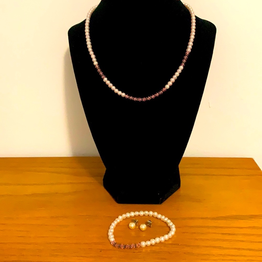 💐Gorgeous unique real pearls and crystal set of necklace & bracelet earrings 💐